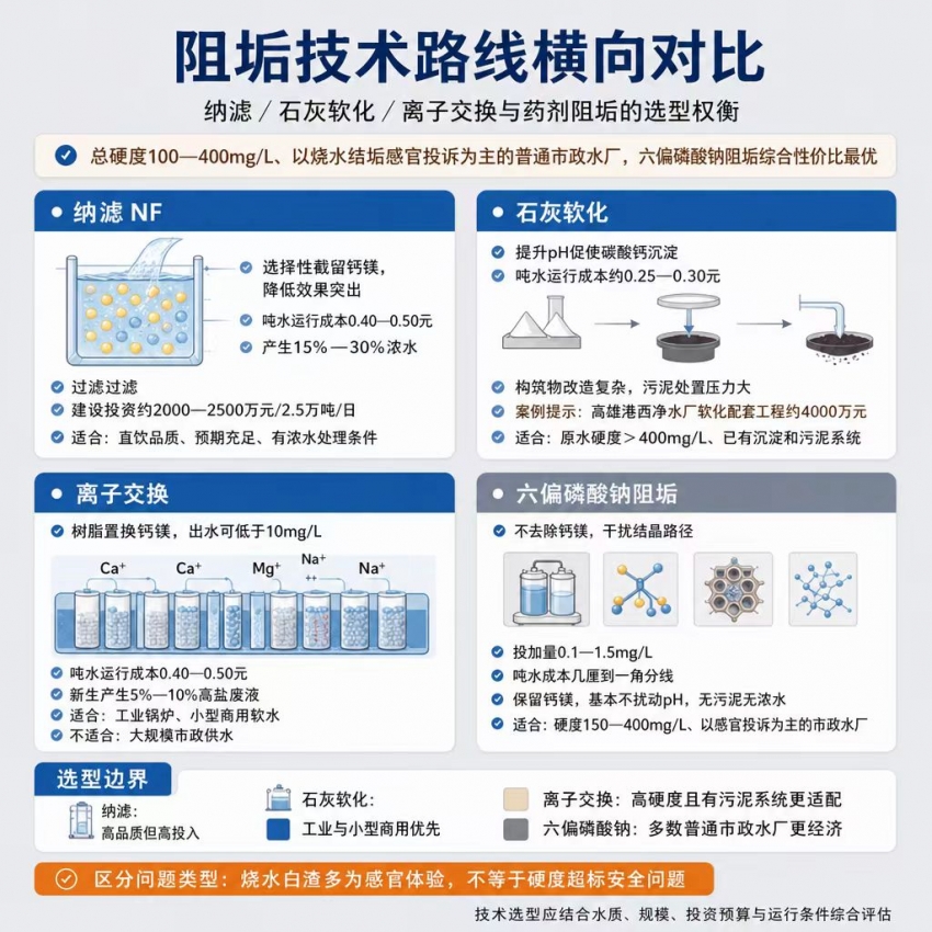 阻垢技术路线横向对比：纳滤／石灰软化／离子交换与六偏磷酸钠药剂阻垢的对比